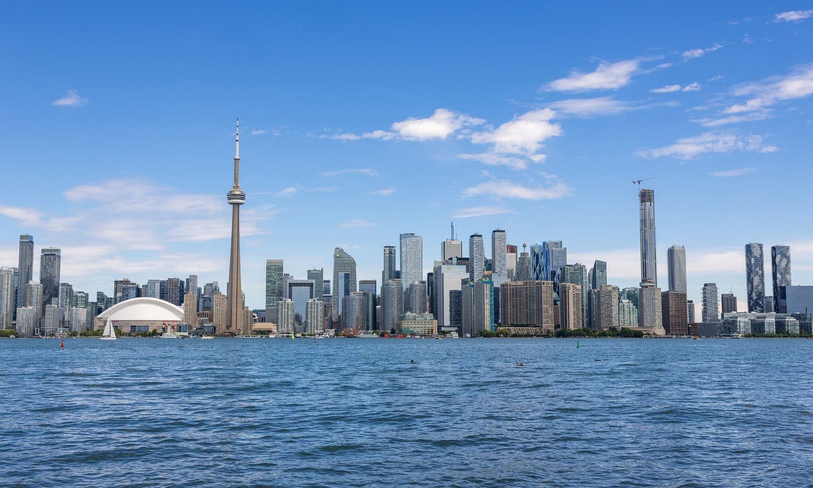 The Toronto skyline and CN Tower seen across the harbour
