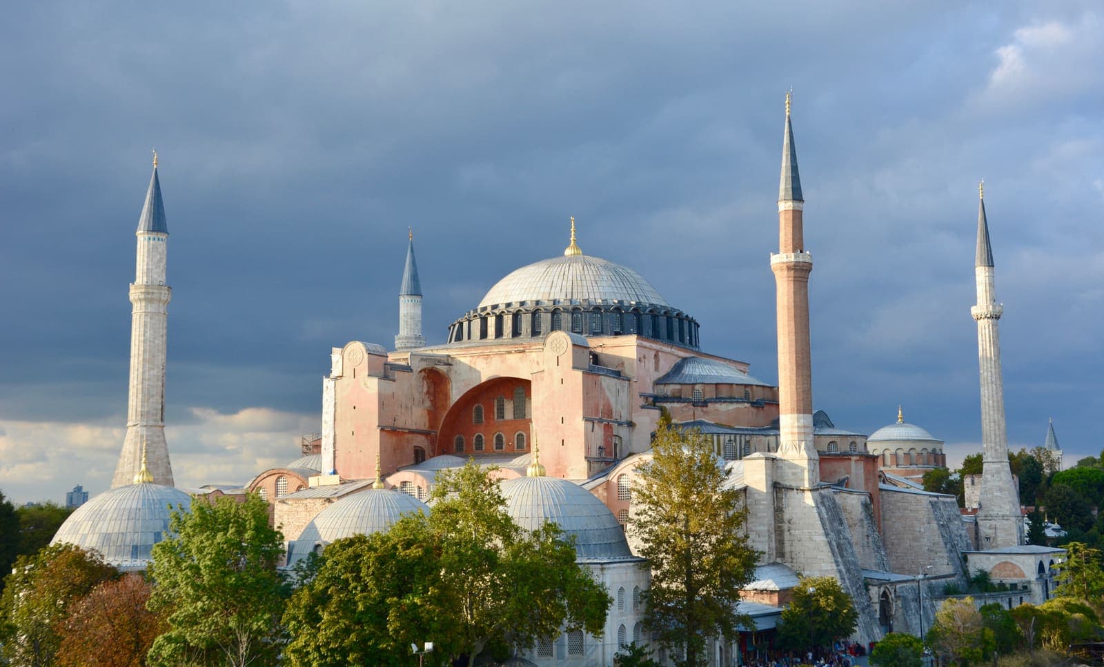 The Hagia Sophia in Istanbul against a dramatic sky